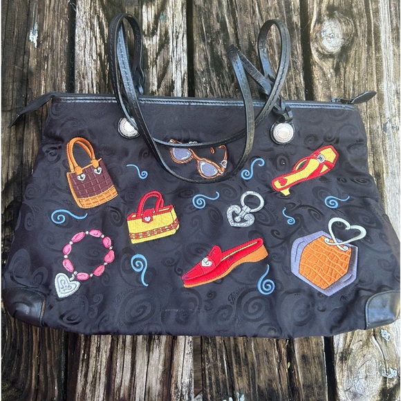 BRIGHTON Black Embroidered Shoulder Tote Handbag Purse Two Handle Zip Closure C4 - Picture 9 of 15